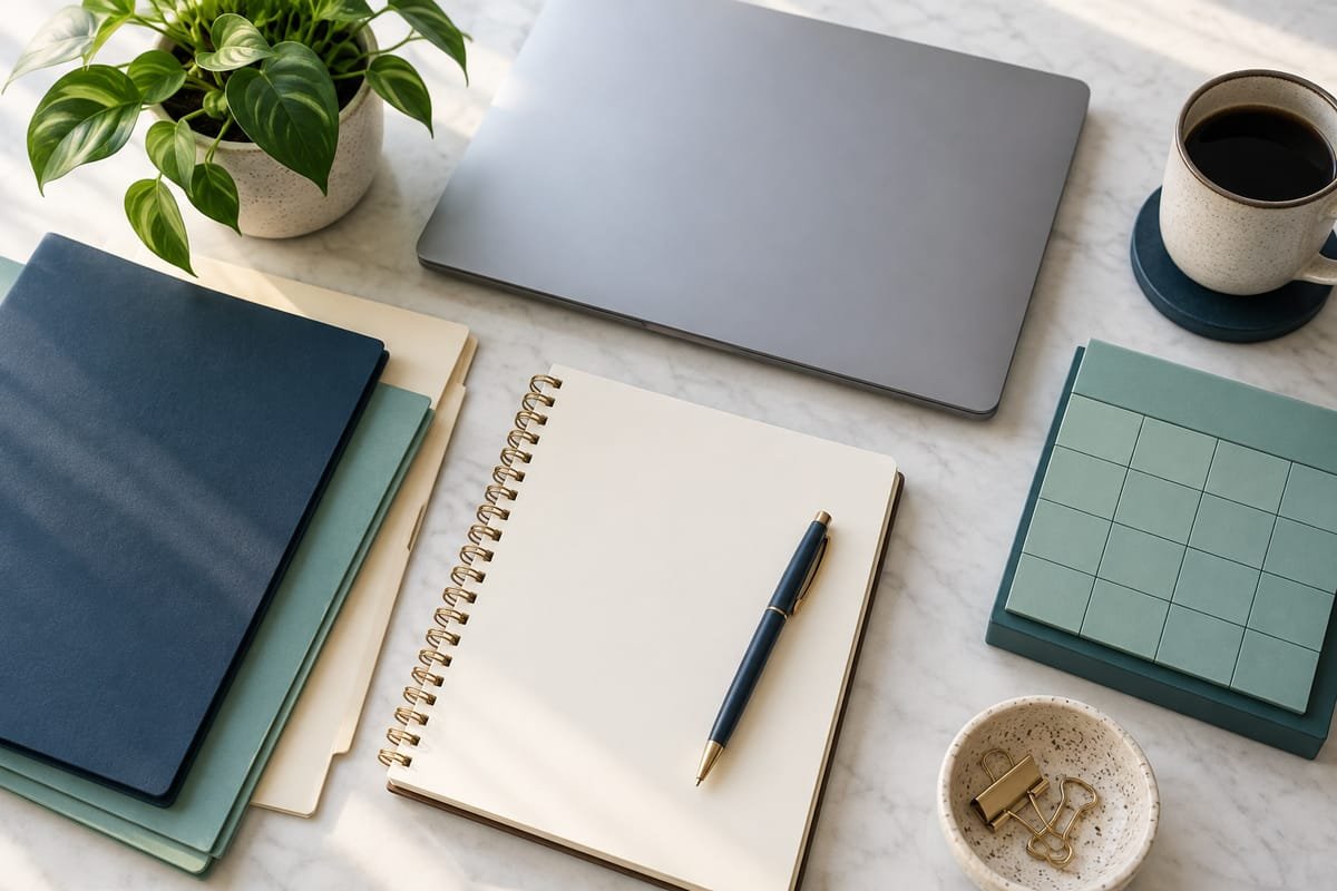 Organized payroll planning workspace with notebook and calendar